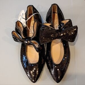 NWT Polly Plume Bonnie Bow Black Sequin Flats ✨ Sz 35 / US 5